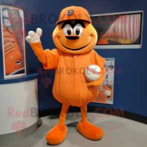 Orange Pumpkin mascot costume character dressed with a Baseball Tee and Cummerbunds