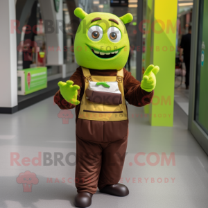 Lime Green Chocolate Bar mascot costume character dressed with a Overalls and Bracelets