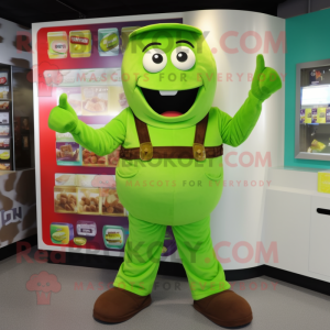 Lime Green Chocolate Bar mascot costume character dressed with a Overalls and Bracelets