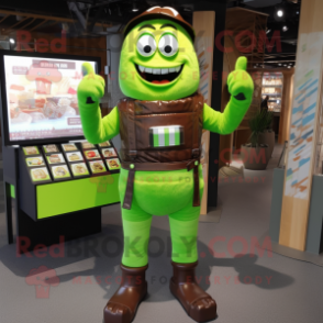 Lime Green Chocolate Bar mascot costume character dressed with a Overalls and Bracelets