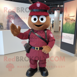 Maroon Army Soldier mascot costume character dressed with a Button-Up Shirt and Backpacks