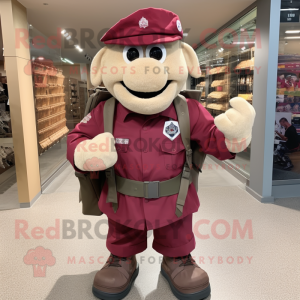 Maroon Army Soldier mascot costume character dressed with a Button-Up Shirt and Backpacks
