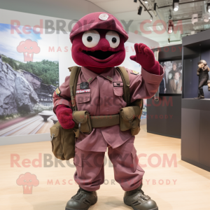 Maroon Army Soldier mascot costume character dressed with a Button-Up Shirt and Backpacks