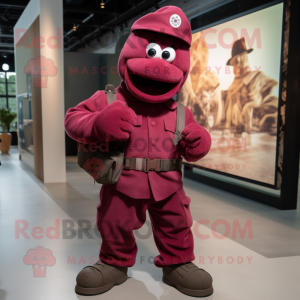 Maroon Army Soldier mascot costume character dressed with a Button-Up Shirt and Backpacks