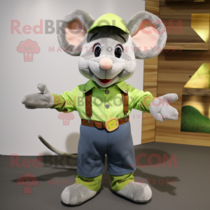 Lime Green Mouse mascot costume character dressed with a Chambray Shirt and Mittens