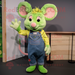 Lime Green Mouse mascot costume character dressed with a Chambray Shirt and Mittens