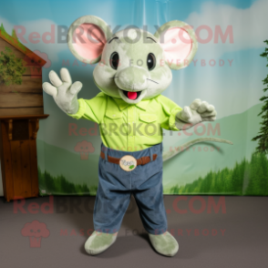 Lime Green Mouse mascot costume character dressed with a Chambray Shirt and Mittens