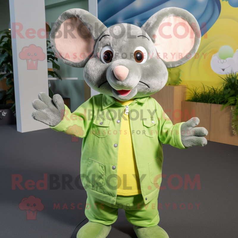 Lime Green Mouse mascot costume character dressed with a Chambray Shirt and Mittens