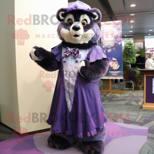 Lavender Spectacled Bear mascot costume character dressed with a Empire Waist Dress and Suspenders