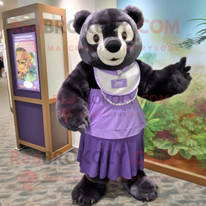 Lavender Spectacled Bear mascot costume character dressed with a Empire Waist Dress and Suspenders