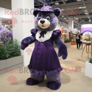 Lavender Spectacled Bear mascot costume character dressed with a Empire Waist Dress and Suspenders