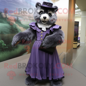 Lavender Spectacled Bear mascot costume character dressed with a Empire Waist Dress and Suspenders