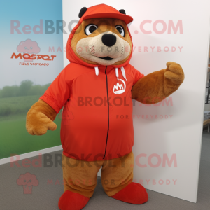 Red Marmot mascot costume character dressed with a Cover-up and Shoe laces