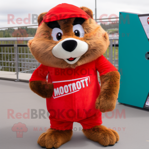 Red Marmot mascot costume character dressed with a Cover-up and Shoe laces