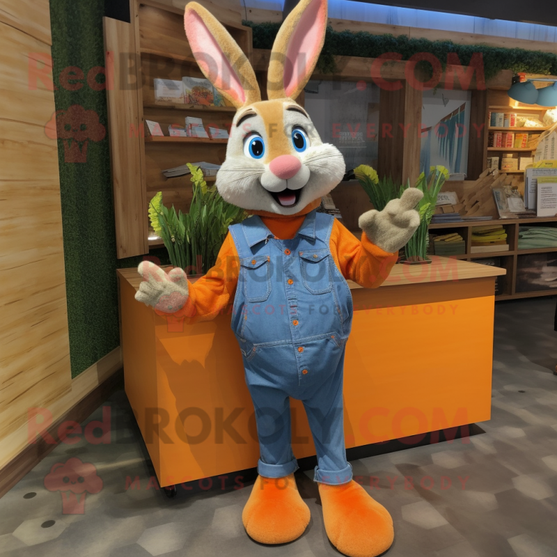 Orange Rabbit mascot costume character dressed with a Chambray Shirt and Shoe clips