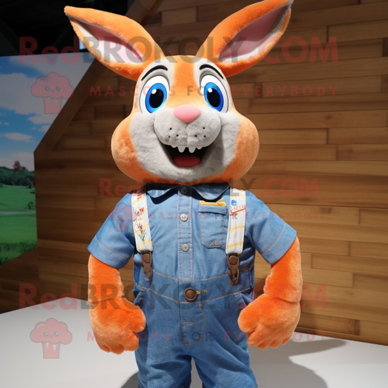 Orange Rabbit mascot costume character dressed with a Chambray Shirt and Shoe clips