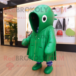 Forest Green Whale mascot costume character dressed with a Raincoat and Shoe laces
