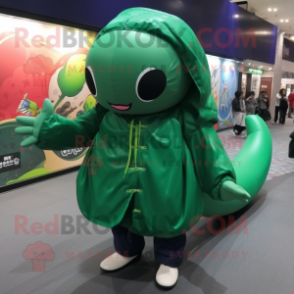 Forest Green Whale mascot costume character dressed with a Raincoat and Shoe laces