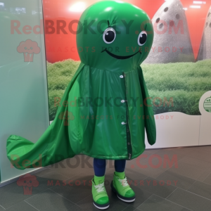Forest Green Whale mascot costume character dressed with a Raincoat and Shoe laces