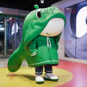 Forest Green Whale mascot costume character dressed with a Raincoat and Shoe laces