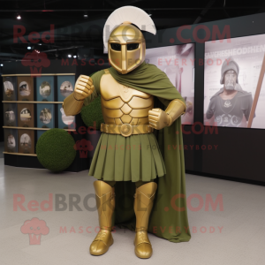 Olive Spartan Soldier mascot costume character dressed with a Empire Waist Dress and Coin purses
