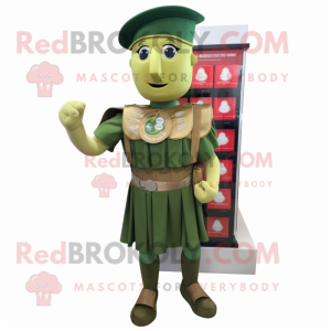 Olive Spartan Soldier mascot costume character dressed with a Empire Waist Dress and Coin purses