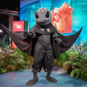 Black Manta Ray mascot costume character dressed with a Cargo Shorts and Shawls
