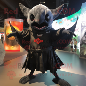Black Manta Ray mascot costume character dressed with a Cargo Shorts and Shawls