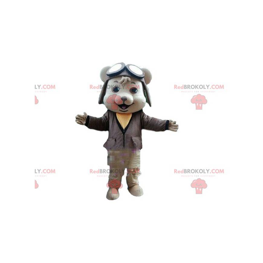 Mascotte van de hond in pilotenkostuum, vliegtuigpiloot kostuum