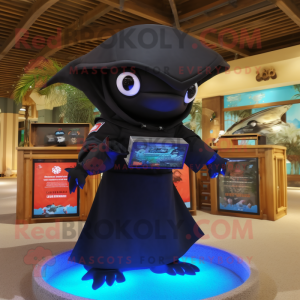 Black Manta Ray mascot costume character dressed with a Cargo Shorts and Shawls