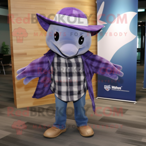 Purple Manta Ray mascot costume character dressed with a Flannel Shirt and Hat pins