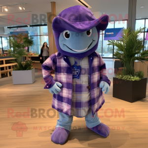 Purple Manta Ray mascot costume character dressed with a Flannel Shirt and Hat pins