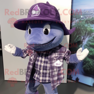 Purple Manta Ray mascot costume character dressed with a Flannel Shirt and Hat pins