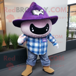 Purple Manta Ray mascot costume character dressed with a Flannel Shirt and Hat pins