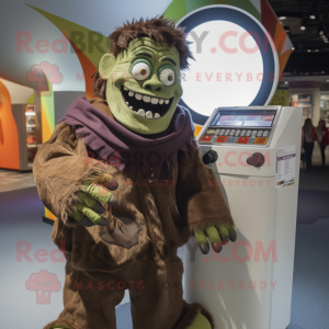 Brown Frankenstein'S Monster mascot costume character dressed with a Cardigan and Coin purses