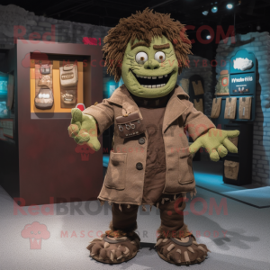 Brown Frankenstein'S Monster mascot costume character dressed with a Cardigan and Coin purses