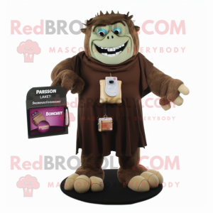 Brown Frankenstein'S Monster mascot costume character dressed with a Cardigan and Coin purses