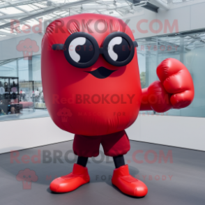 Red Boxing Glove mascot costume character dressed with a Skirt and Sunglasses