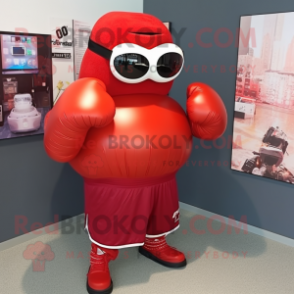 Red Boxing Glove mascot costume character dressed with a Skirt and Sunglasses