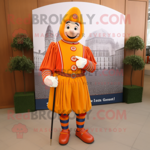Peach Swiss Guard mascot costume character dressed with a Overalls and Shoe laces