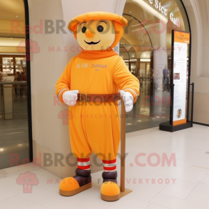 Peach Swiss Guard mascot costume character dressed with a Overalls and Shoe laces