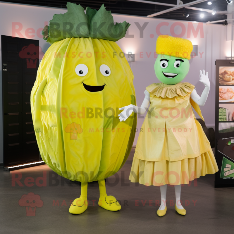 Lemon Yellow Corned Beef And Cabbage mascot costume character dressed with a Cocktail Dress and Belts Lemon Yellow Corned Beef And Cabbage mascot costume character dressed with a Cocktail Dress and Belts