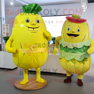 Lemon Yellow Corned Beef And Cabbage mascot costume character dressed with a Cocktail Dress and Belts