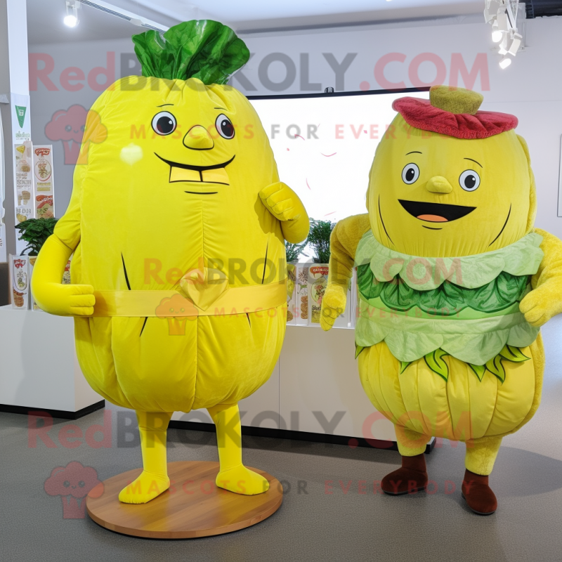 Lemon Yellow Corned Beef And Cabbage mascot costume character dressed with a Cocktail Dress and Belts Lemon Yellow Corned Beef And Cabbage mascot costume character dressed with a Cocktail Dress and Belts