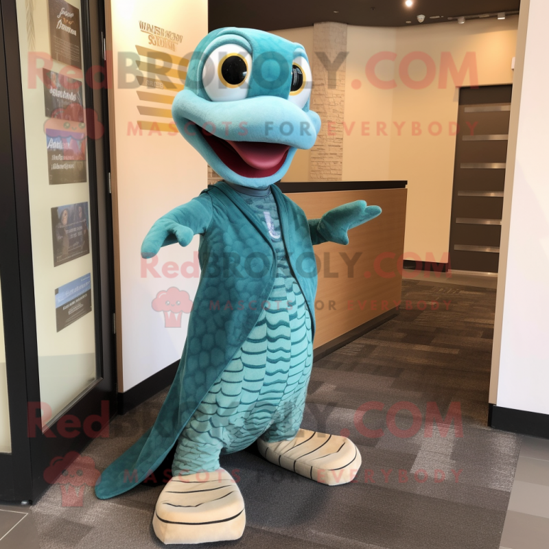 Teal Python mascot costume character dressed with a Cardigan and Shoe clips Teal Python mascot costume character dressed with a Cardigan and Shoe clips