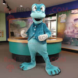 Teal Python mascot costume character dressed with a Cardigan and Shoe clips