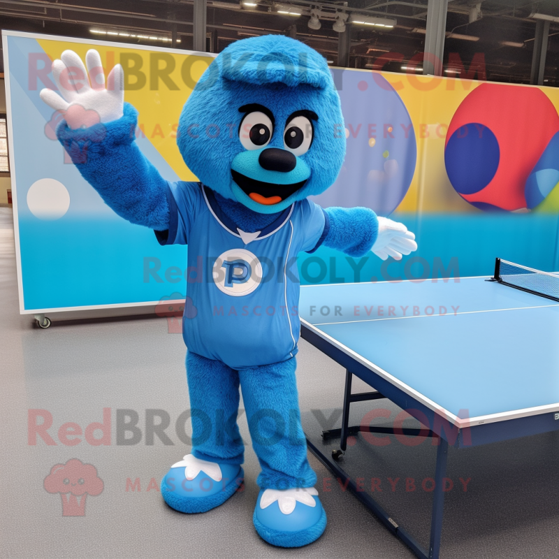Blue Ping Pong Table mascot costume character dressed with a Jumpsuit and Watches Blue Ping Pong Table mascot costume character dressed with a Jumpsuit and Watches
