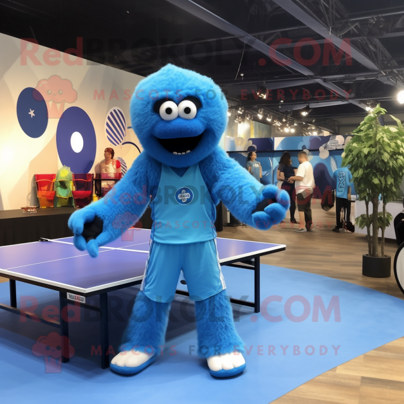 Blue Ping Pong Table mascot costume character dressed with a Jumpsuit and Watches Blue Ping Pong Table mascot costume character dressed with a Jumpsuit and Watches