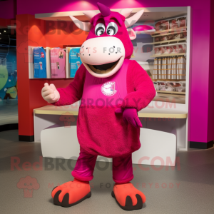 Magenta Beef Stroganoff mascot costume character dressed with a Bermuda Shorts and Brooches