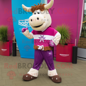 Magenta Beef Stroganoff mascot costume character dressed with a Bermuda Shorts and Brooches